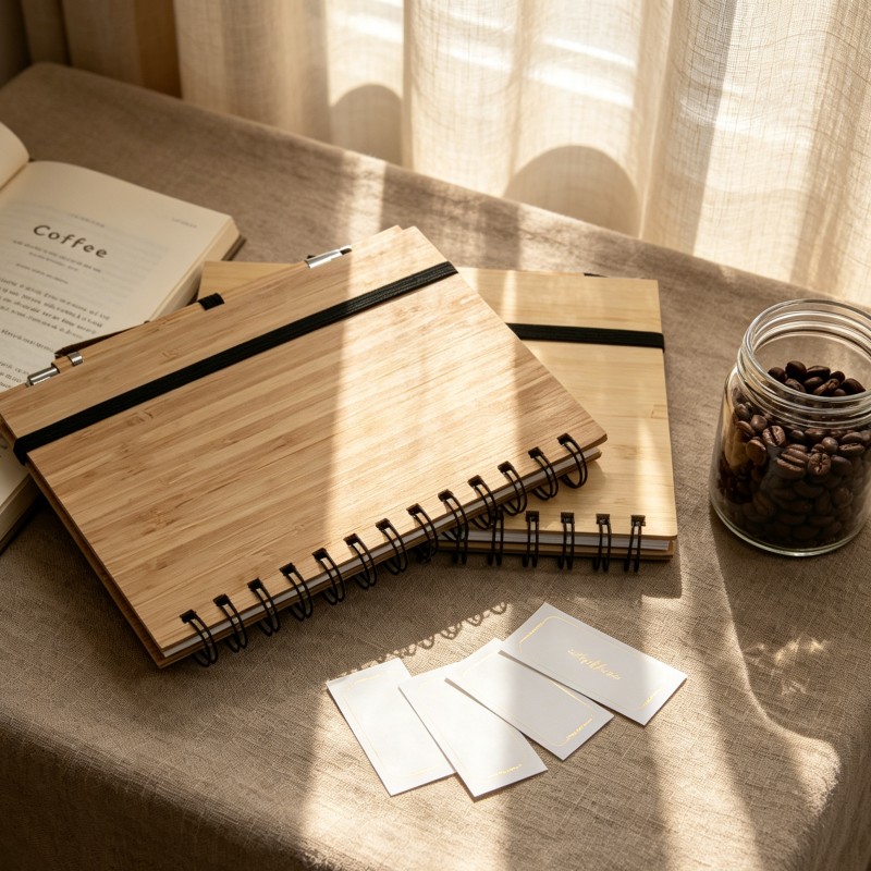 Bamboo Wood Cover Spiral Notebook Set