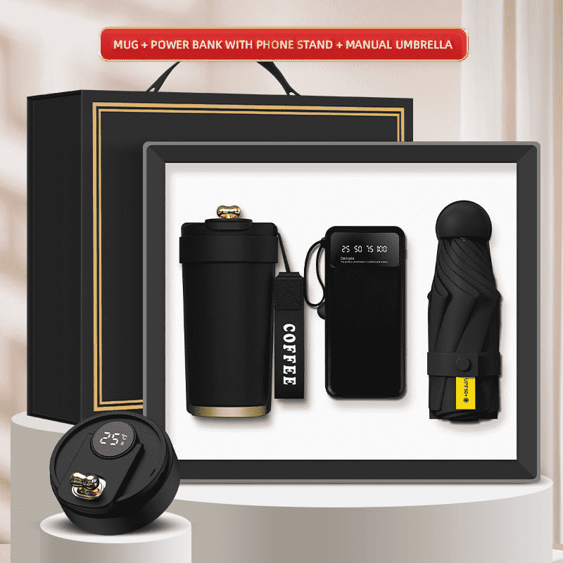 Vlastné logo 3 v 1 darčeková krabička Hrnček Power Bank Mini Dáždnik